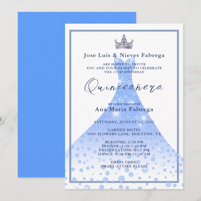 Invitation Blue Ball Gown & Tiara Quinceañera Anniversaire (Devant / Derrière)