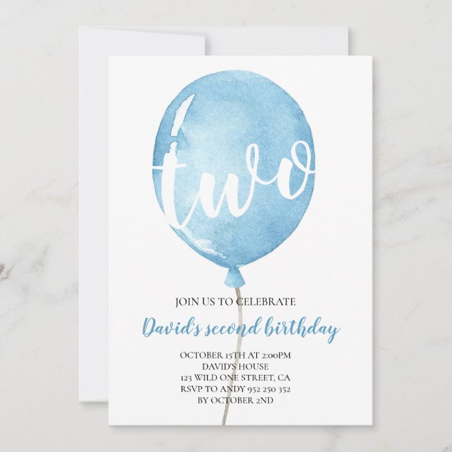 Invitation Blue Balloon Baby Boy 2e anniversaire (Devant)