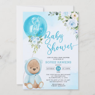 Invitation Blue Balloon Oh Boy Teddy ours baby shower