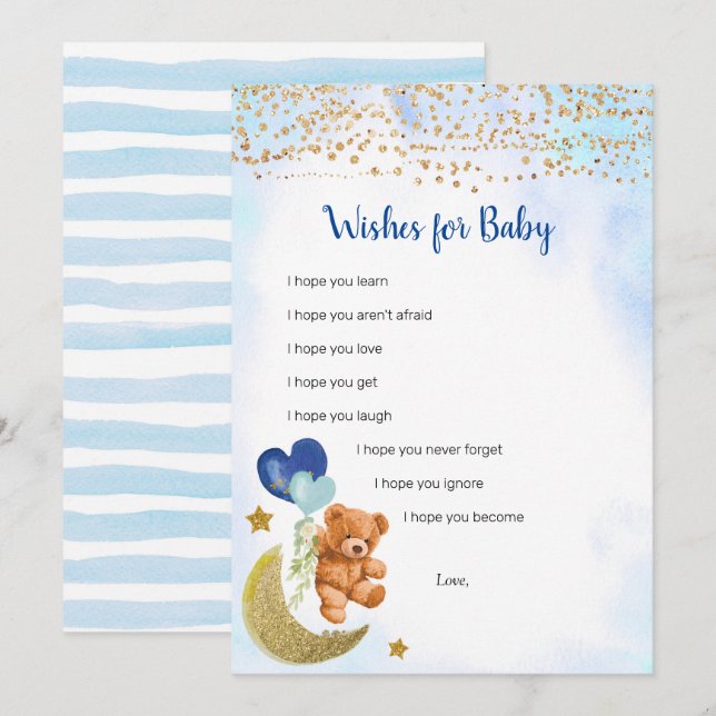 Invitation Blue Balloon Teddy Bear Wings for Baby Game Card (Devant / Derrière)