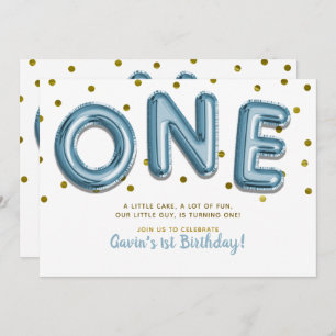 Invitation Blue Balloons Gold Confetti 1er anniversaire
