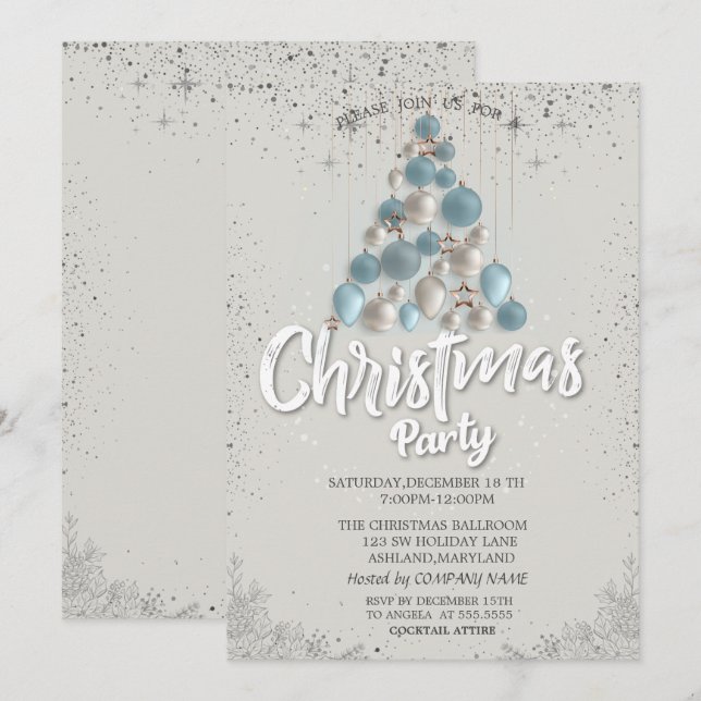 Invitation Blue Balls Stars Confetti Christmas Company (Devant / Derrière)