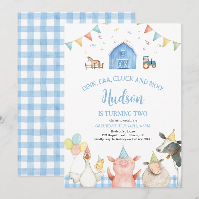 Invitation Blue Barn Farm Animaux Barnyard Boy 2e anniversair (Devant / Derrière)