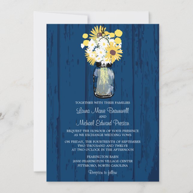Invitation Blue Barn Mason Jar Daisies Mariage de tournesols (Devant)