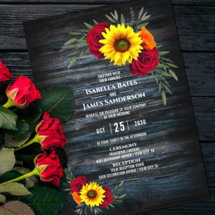 Invitation Blue Barne Wood Sunflower Bourgogne Rose Mariage