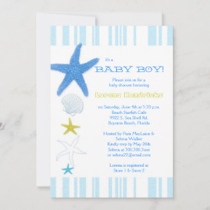 Invitation Blue Beach Starfish Striped Baby Baby shower