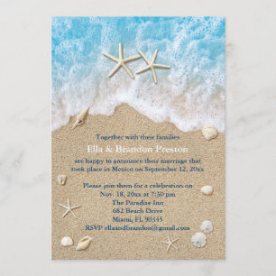 Invitation Blue Beach Waves & Starfish Post Mariage