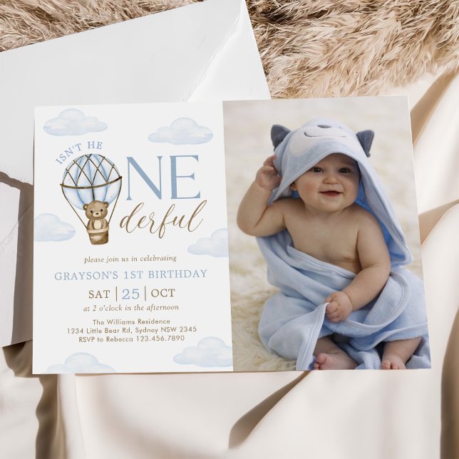 Invitation Blue Bear Hot Air Balloon Boys 1er Birthday Photo (Créateur téléchargé)