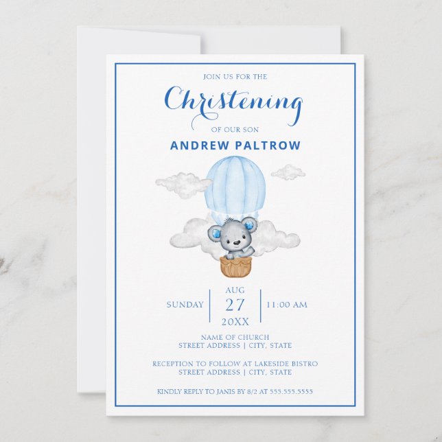 Invitation Blue Bear Hot Air Balloy Boy Christening (Devant)