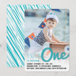 Invitation Blue Big Sketch One Baby Boy First Birthday Party