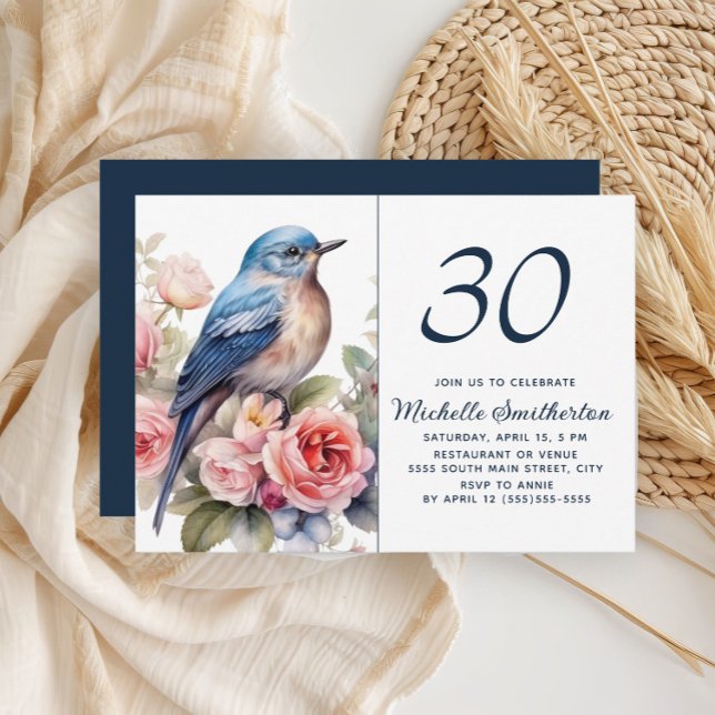 Invitation Blue Bird Rose Fleurs 30e anniversaire (Blue bird and pink flowers 30th birthday party invitation)