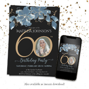 Invitation Blue Black Gold Custom Photo Floral 60e anniversai
