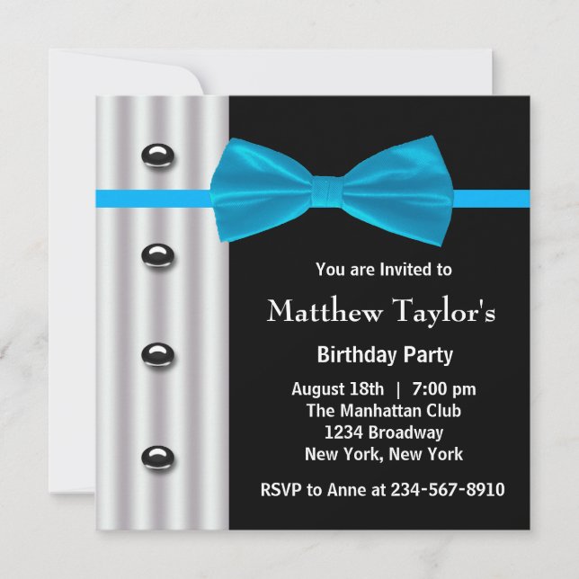Invitation Blue Black Tuxedo Bow Cravate Hommes Anniversaire  (Devant)