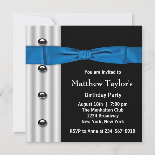 Invitation Blue Black Tuxedo Bow Cravate Hommes fête d'annive (Devant)