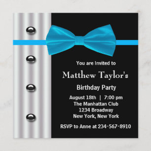 Invitation Blue Black Tuxedo Bow Cravate Mens Anniversaire de