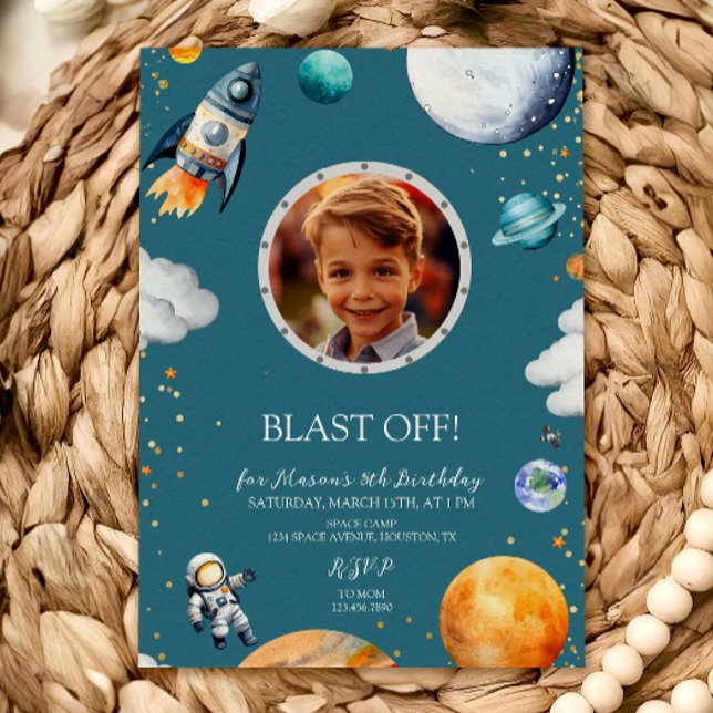 Invitation Blue Blast Off Photo Space Theme Kids Birthday (Créateur téléchargé)