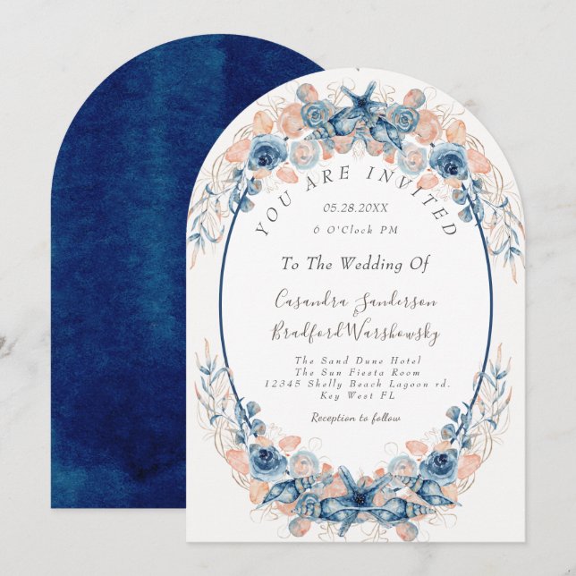 Invitation Blue Blush Beach Aquarelle Shell Flowers Mariage (Devant / Derrière)