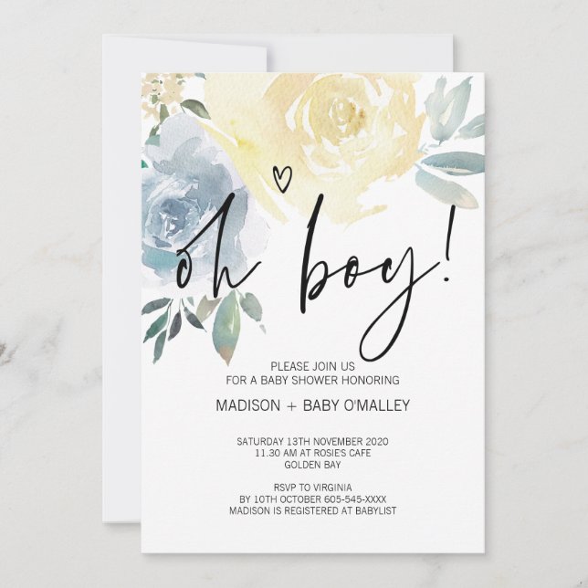 Invitation Blue Blush Floral Oh Boy Baby shower Party (Devant)