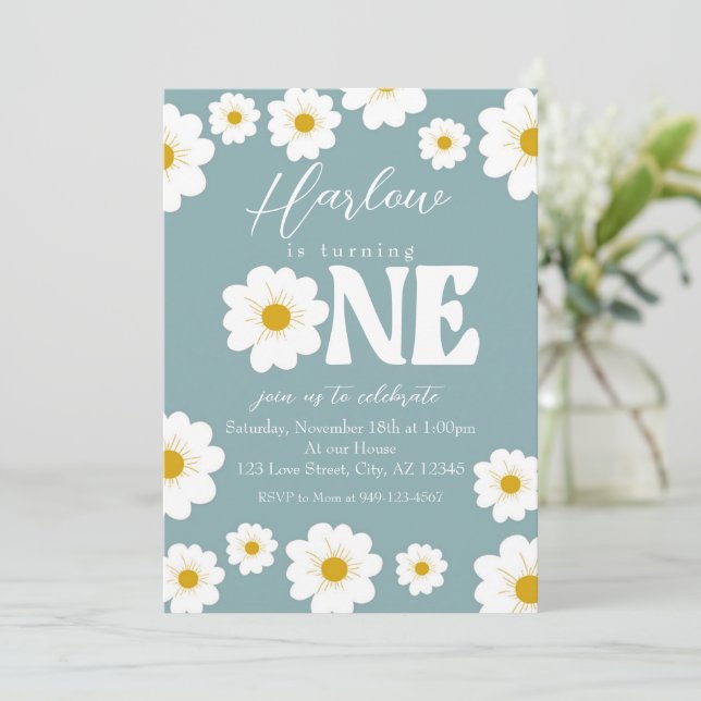 Invitation Blue Boho Daisy One Girl'anniversaire (Debout devant)
