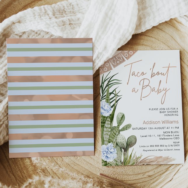 Invitation Blue Boho Fiesta Taco Bout A Baby Baby shower (Boy's taco 'bout a baby baby shower invitation featuring cacti and blue flowers in a boho style.)