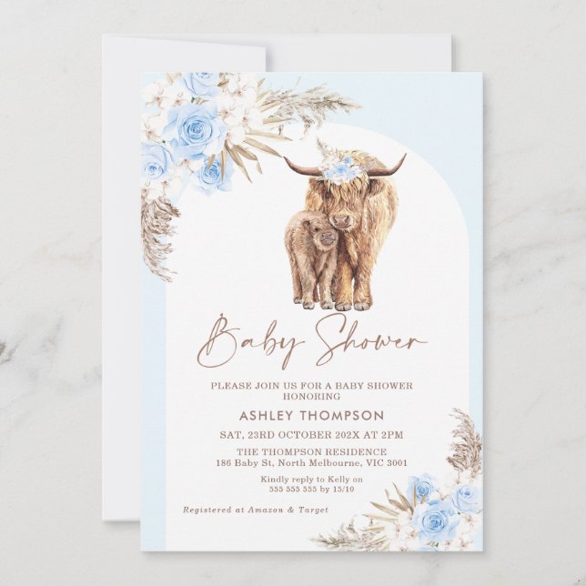 Invitation Blue Boho Floral Arch Highland Cow Baby shower (Devant)