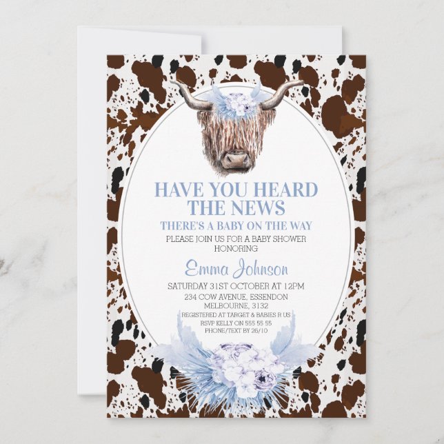 Invitation Blue Boho Floral Highland Cow Baby shower (Devant)