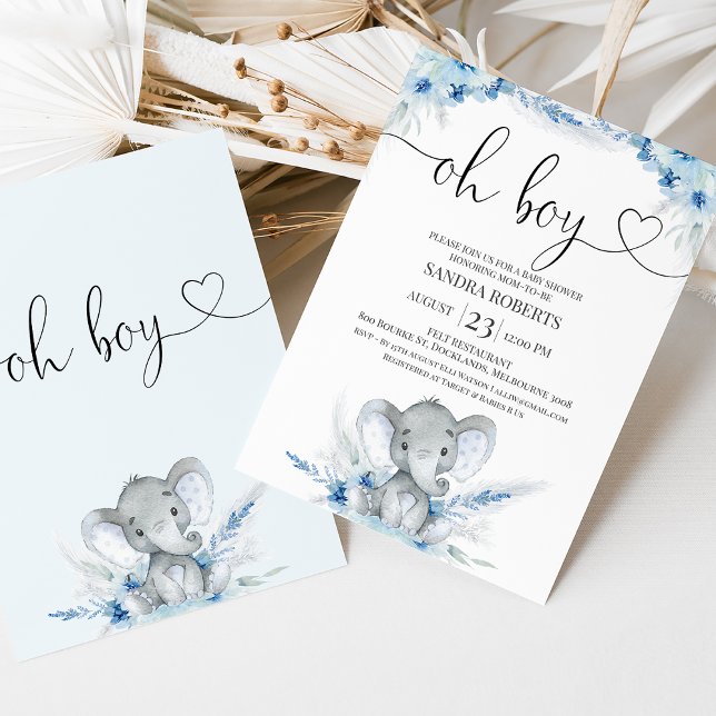 Invitation Blue Boho Floral Oh Boy Elephant Baby shower (Blue boho floral elephant baby shower invitation featuring a calligraphy heading with a heart.)