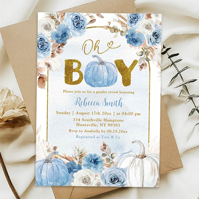 Invitation Blue Boho Gold Citrouille Fall Oh Boy Baby shower (Créateur téléchargé)