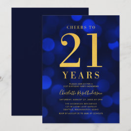 Invitation Blue Bokeh Gold encourage à 21 ans fête d'annivers