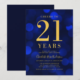 Invitation Blue Bokeh Gold encourage à 21 ans fête d'annivers