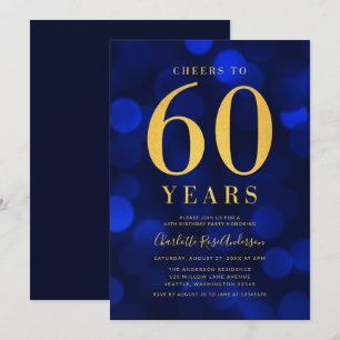 Invitation Blue Bokeh Gold fête ses 60 ans d'anniversaire