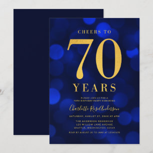 Invitation Blue Bokeh Gold salue à 70 ans fête d'anniversaire