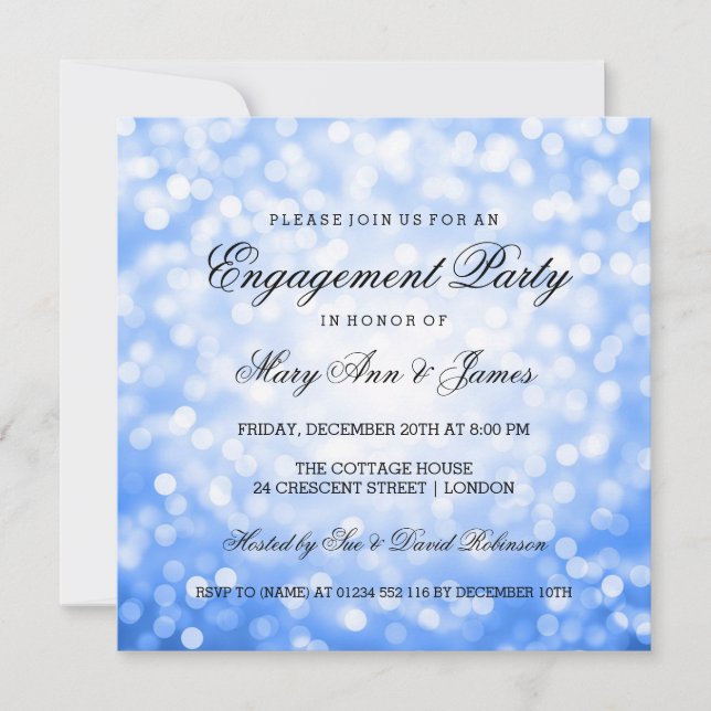 Invitation Blue Bokeh Lights Elegance Engagement Party (Devant)