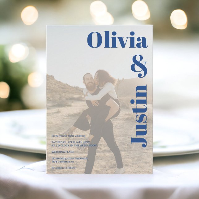 Invitation Blue bold names 2 photos Code Qr mariage (Blue bold names 2 photos Qr code wedding Invitation)