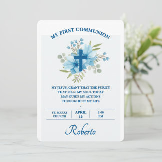 Invitation Blue Botanical Cross First Holy Communion 