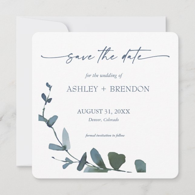 Invitation Blue Botanical Leaf Save the Date w/QR Code+Image (Devant)