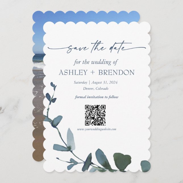 Invitation Blue Botanical Leaf Save the Date w/QR + Image (Devant / Derrière)
