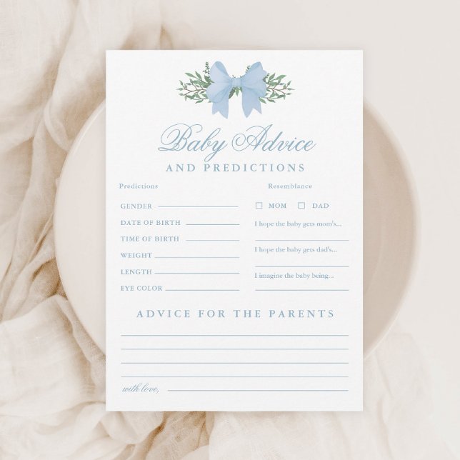 Invitation Blue Bow Baby Conseils et prédictions Jeu de douch (Elegant Blue Bow Baby Advice and Predictions Shower Game.)