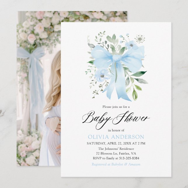 Invitation Blue Bow Baby in Bloom Floral Boy Baby shower (Devant / Derrière)