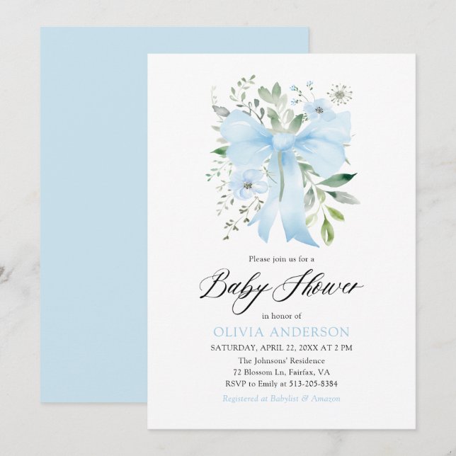 Invitation Blue Bow Baby in Bloom Floral Boy Baby shower (Devant / Derrière)