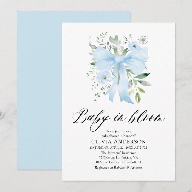 Invitation Blue Bow Baby in Bloom Floral Boy Baby shower (Devant / Derrière)