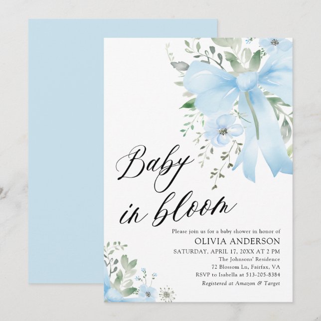 Invitation Blue Bow Baby in Bloom Floral Boy Baby shower (Devant / Derrière)