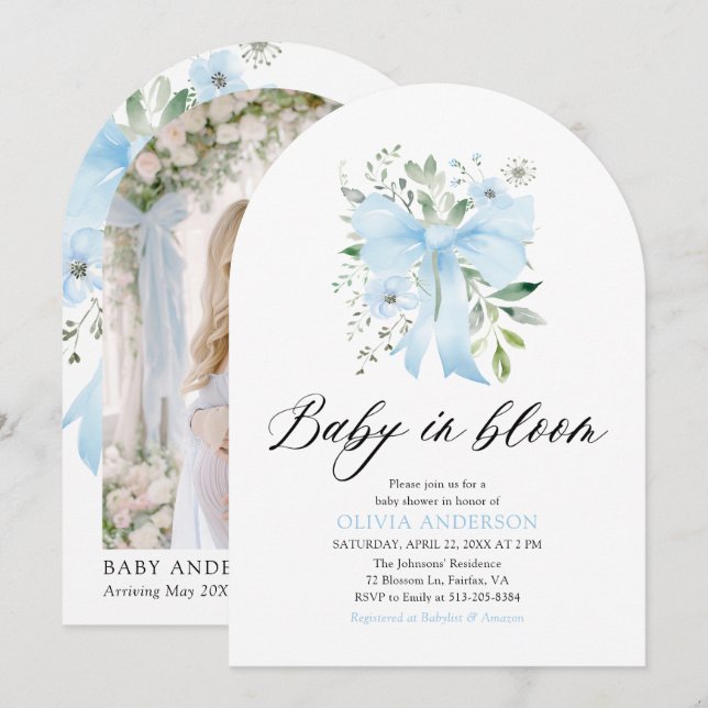 Invitation Blue Bow Baby in Bloom Floral Boy Baby shower (Devant / Derrière)
