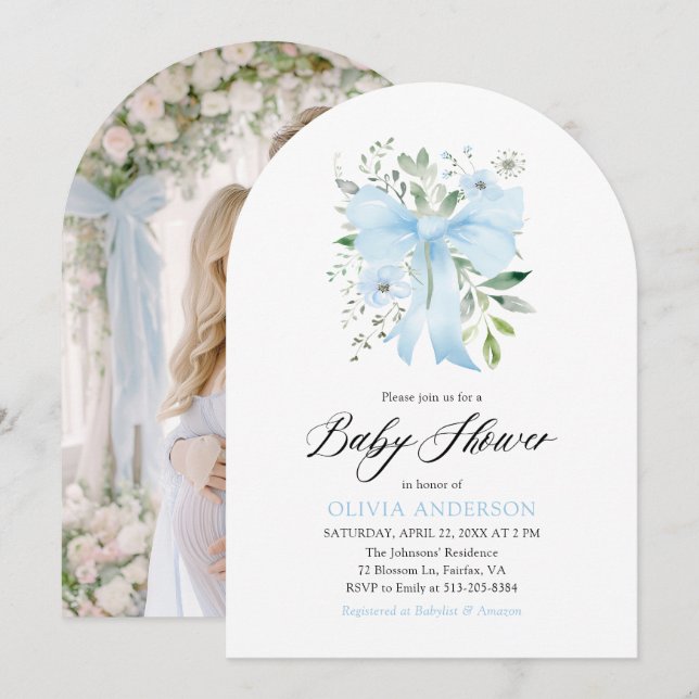 Invitation Blue Bow Baby in Bloom Floral Boy Baby shower (Devant / Derrière)