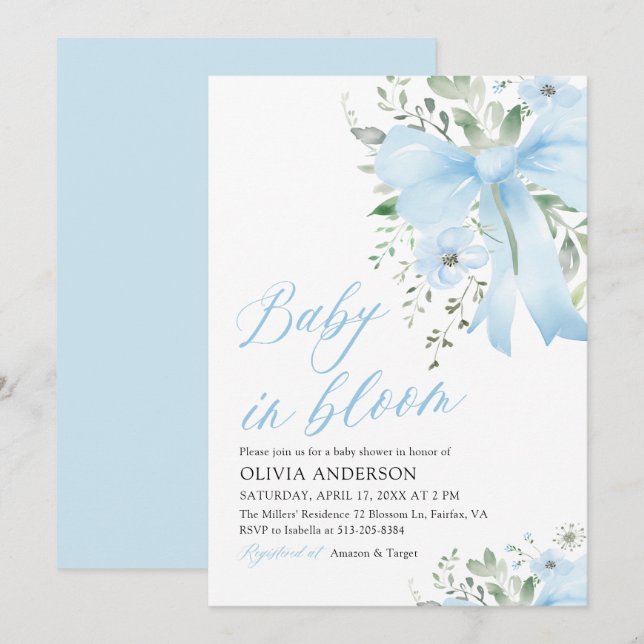 Invitation Blue Bow Baby in Bloom Floral Boy Baby shower (Devant / Derrière)