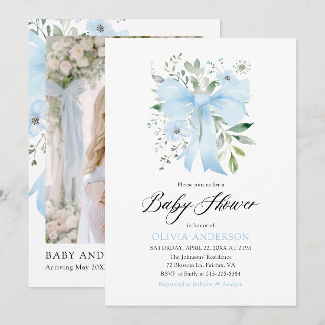 Invitation Blue Bow Baby in Bloom Floral Boy Baby shower (Devant / Derrière)