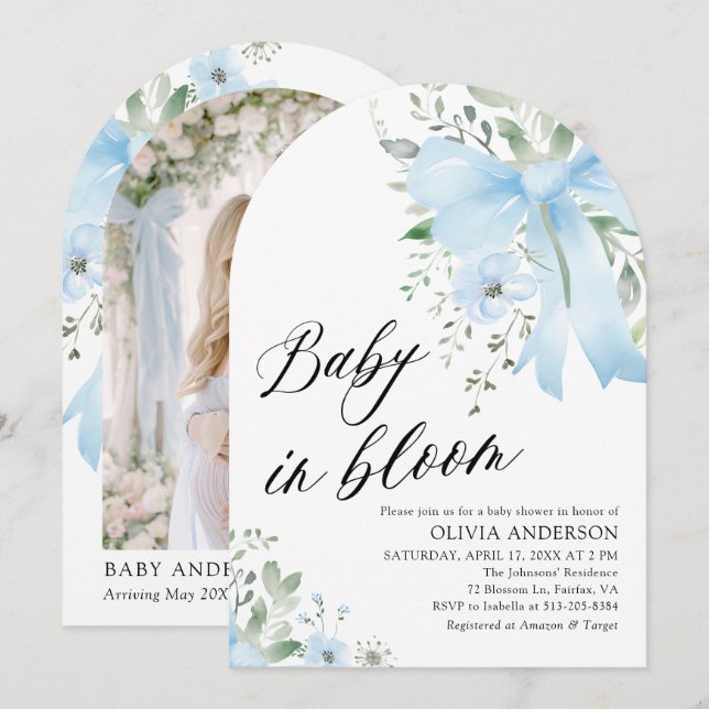 Invitation Blue Bow Baby in Floral Arch Baby shower (Devant / Derrière)