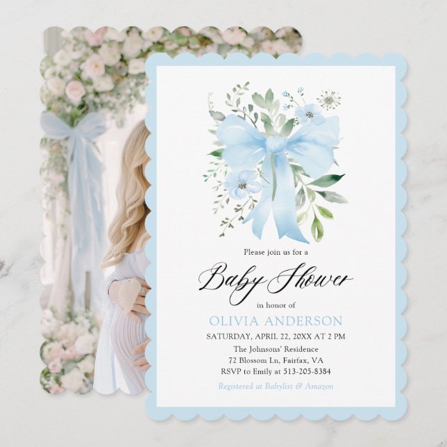 Invitation Blue Bow Baby in Floral Baby Baby shower (Devant / Derrière)
