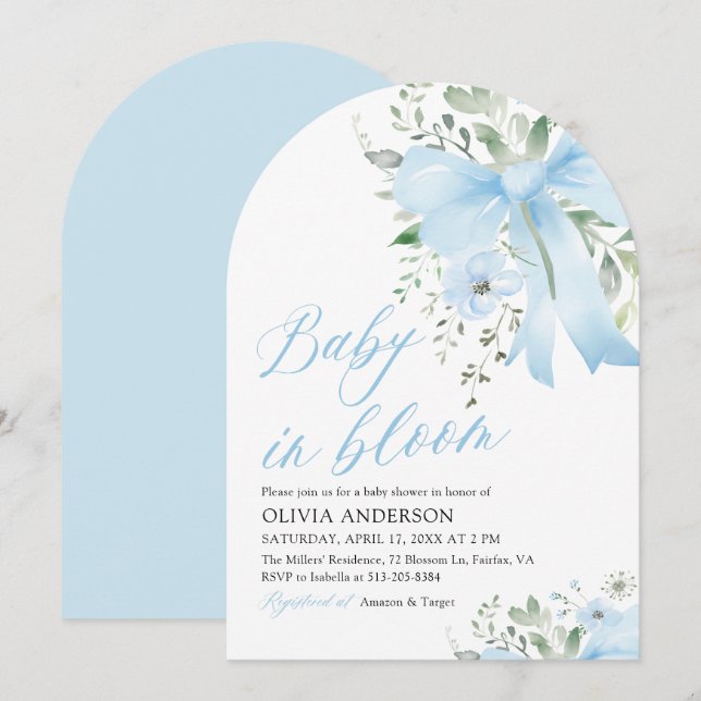 Invitation Blue Bow Baby in Floral Boy Arch Baby shower (Devant / Derrière)