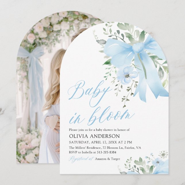 Invitation Blue Bow Baby in Floral Boy Arch Baby shower (Devant / Derrière)